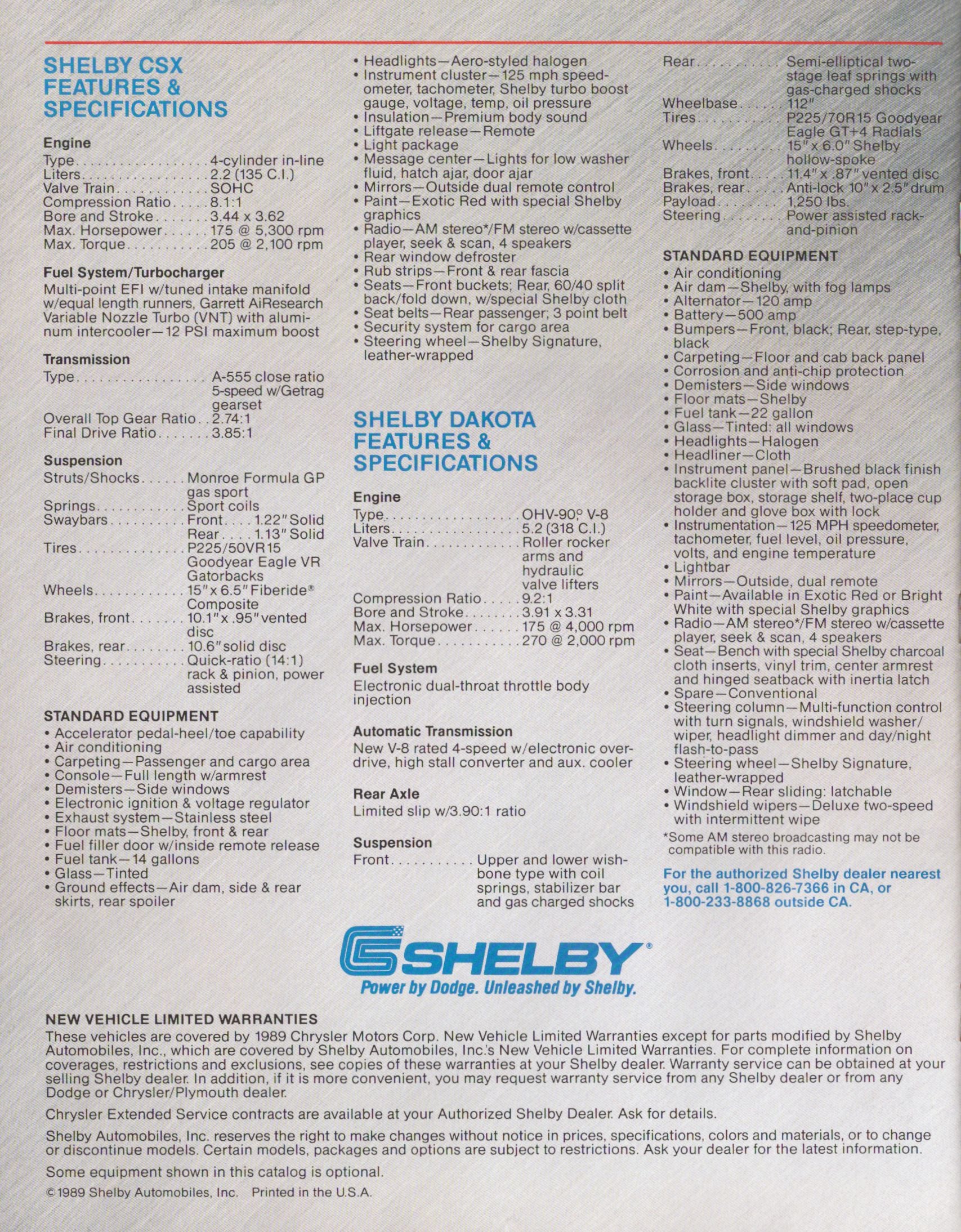 1989 Shelby CSX Shelby Dakota specifications brochure