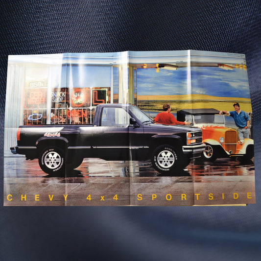 Interior fold-out featuring a 21.5" x 34.5" full-color image of a 1989 Chevy 4x4 Sportside truck parked at a nostalgic gas station.