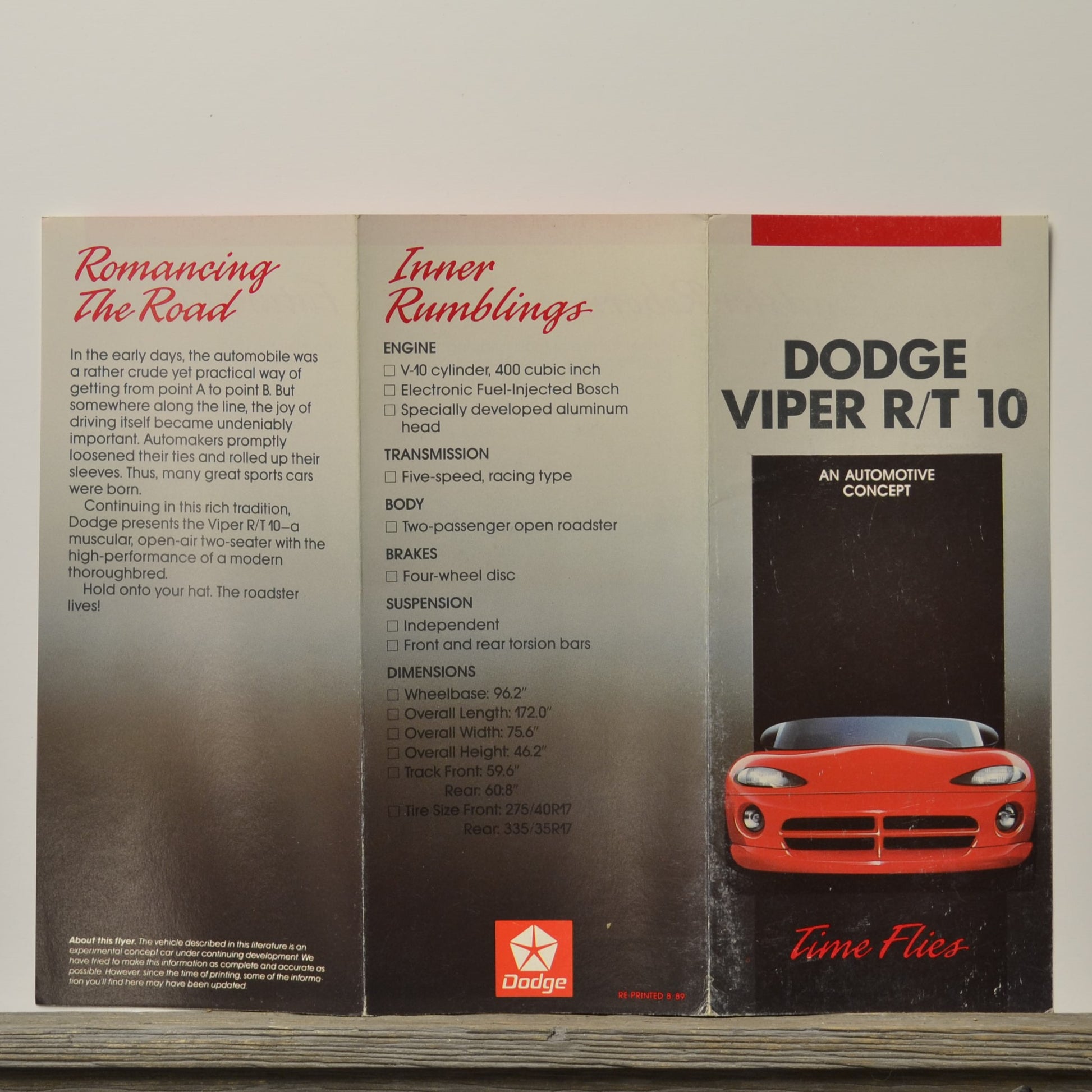 1989 Dodge Viper R/T 10 concept brochure interior specs engine dimensions tri fold Mopar collector brochure