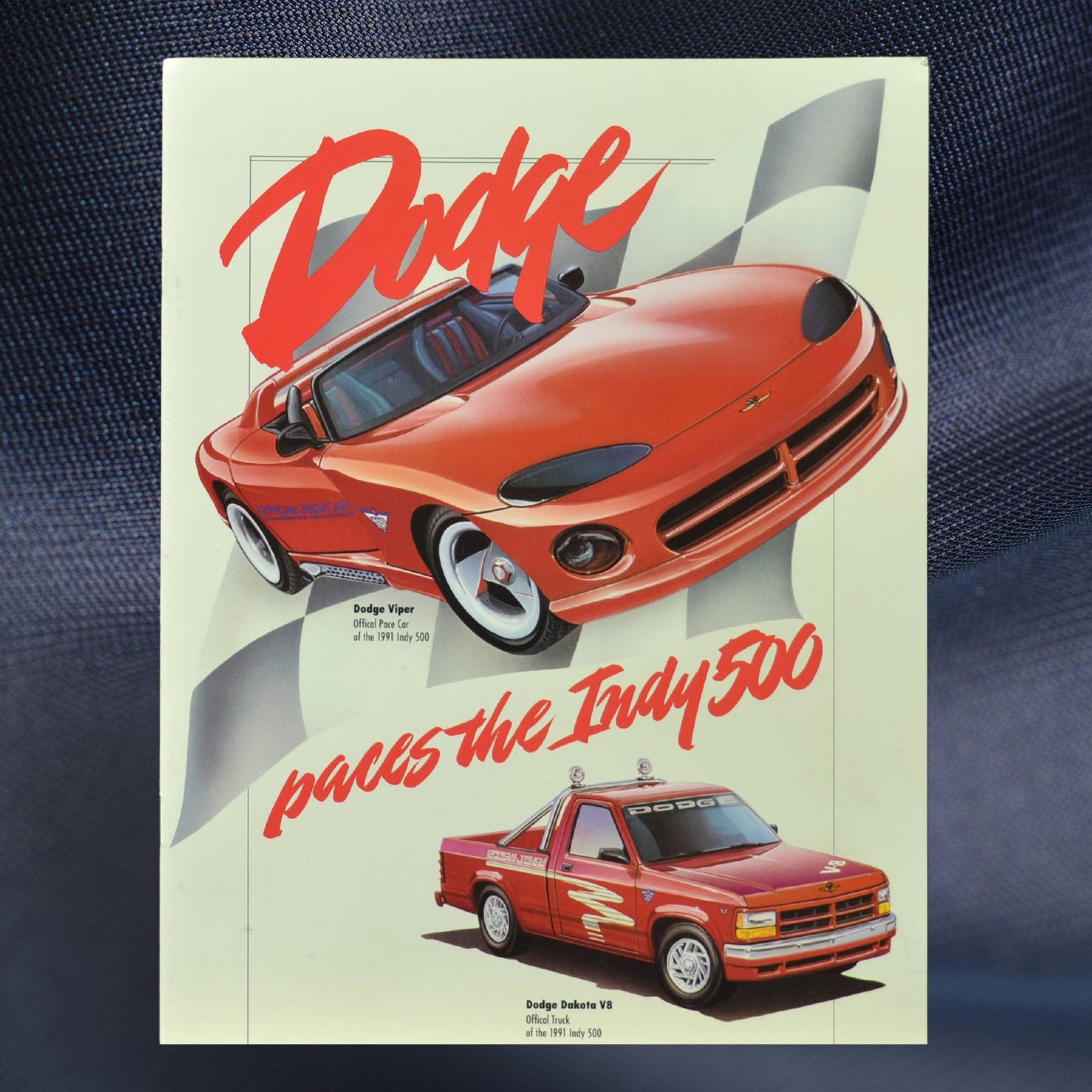 1991 Dodge Indy 500 brochure cover featuring the Dodge Viper Pace Car and Dodge Dakota V8 Official Truck.