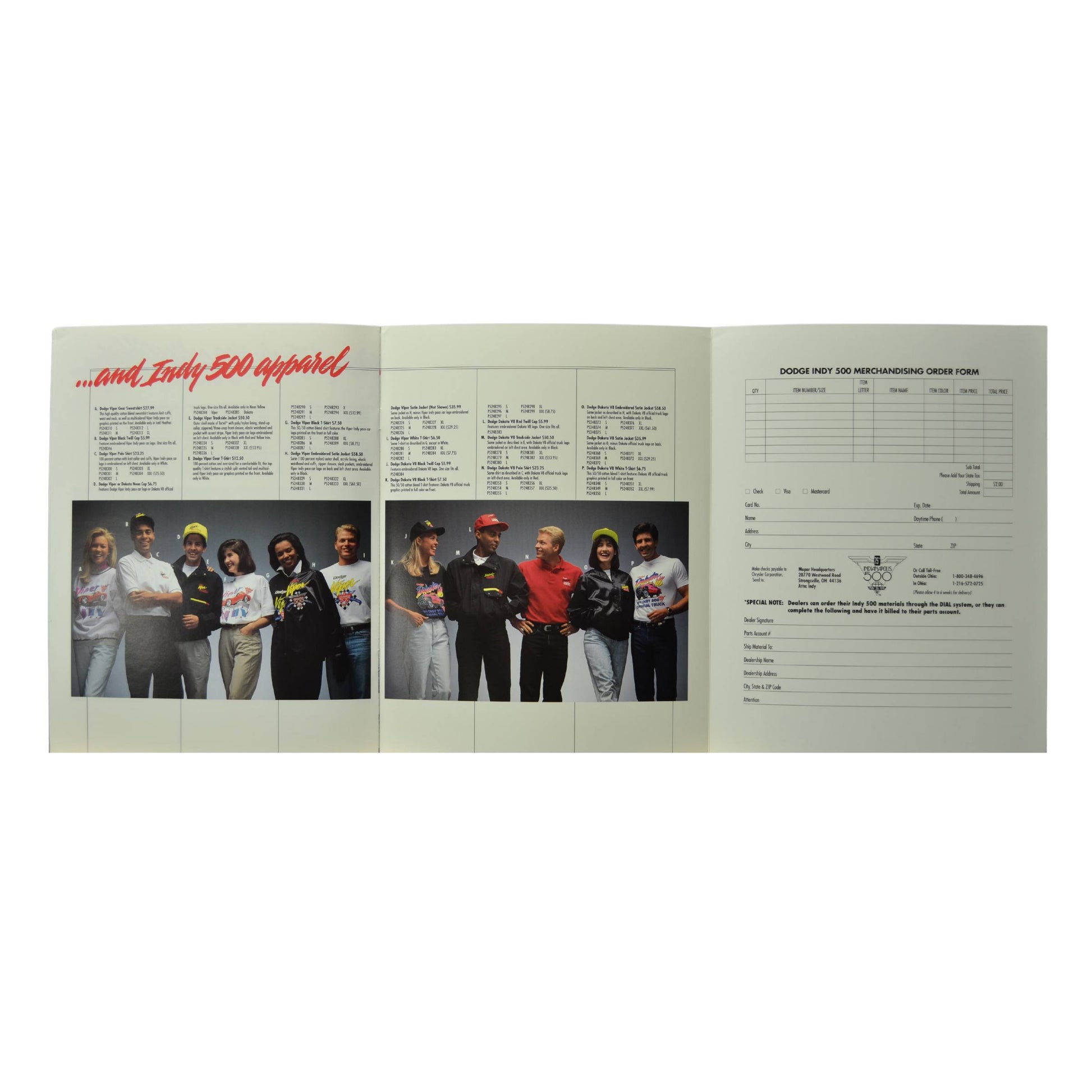 Spread featuring official Dodge Indy 500 apparel, including t-shirts, jackets, and hats.