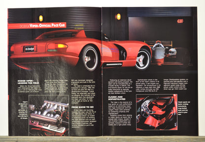 Brochure or magazine page featuring a red 1991 Dodge Viper Official Pace Car with text and images on a black background.