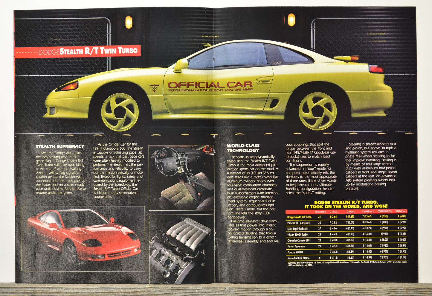 Brochure or magazine page featuring a yellow 1991 Dodge Stealth r/t with text and images on a black background