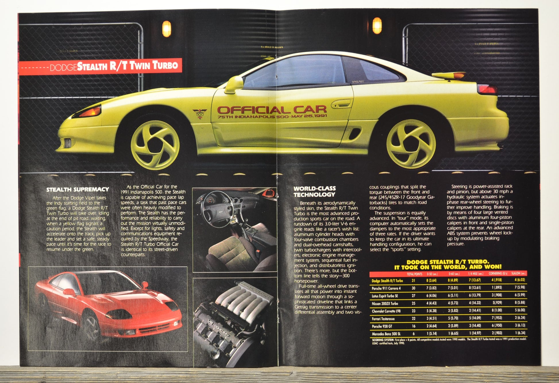 Brochure or magazine page featuring a yellow 1991 Dodge Stealth r/t with text and images on a black background