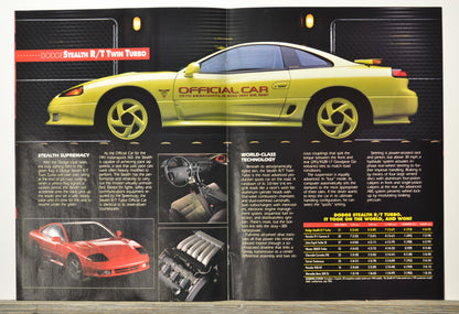 Brochure or magazine page featuring a yellow 1991 Dodge Stealth r/t with text and images on a black background