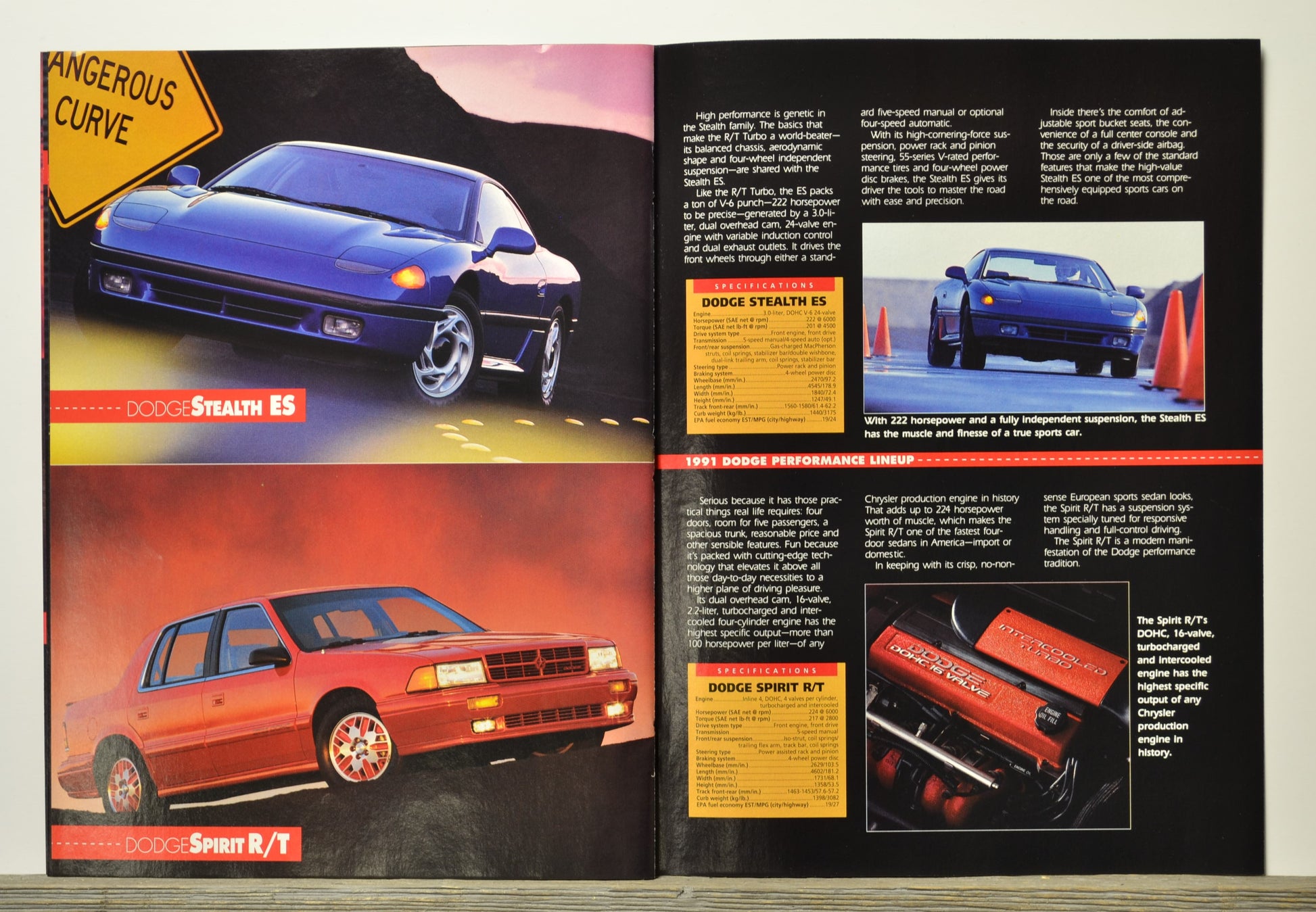 Open brochure page with images of Dodge Stealth and Sprint cars, featuring text and graphics.