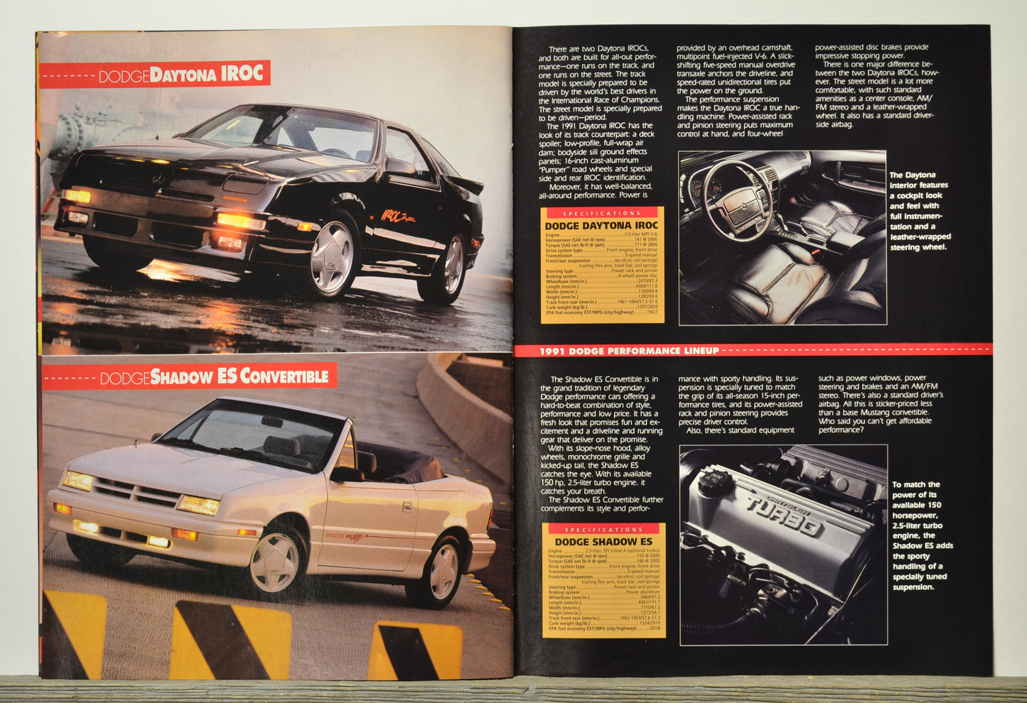 Brochure page with images of Dodge vehicles including a black Daytona IIROC and a white Shadow ES Convertible.