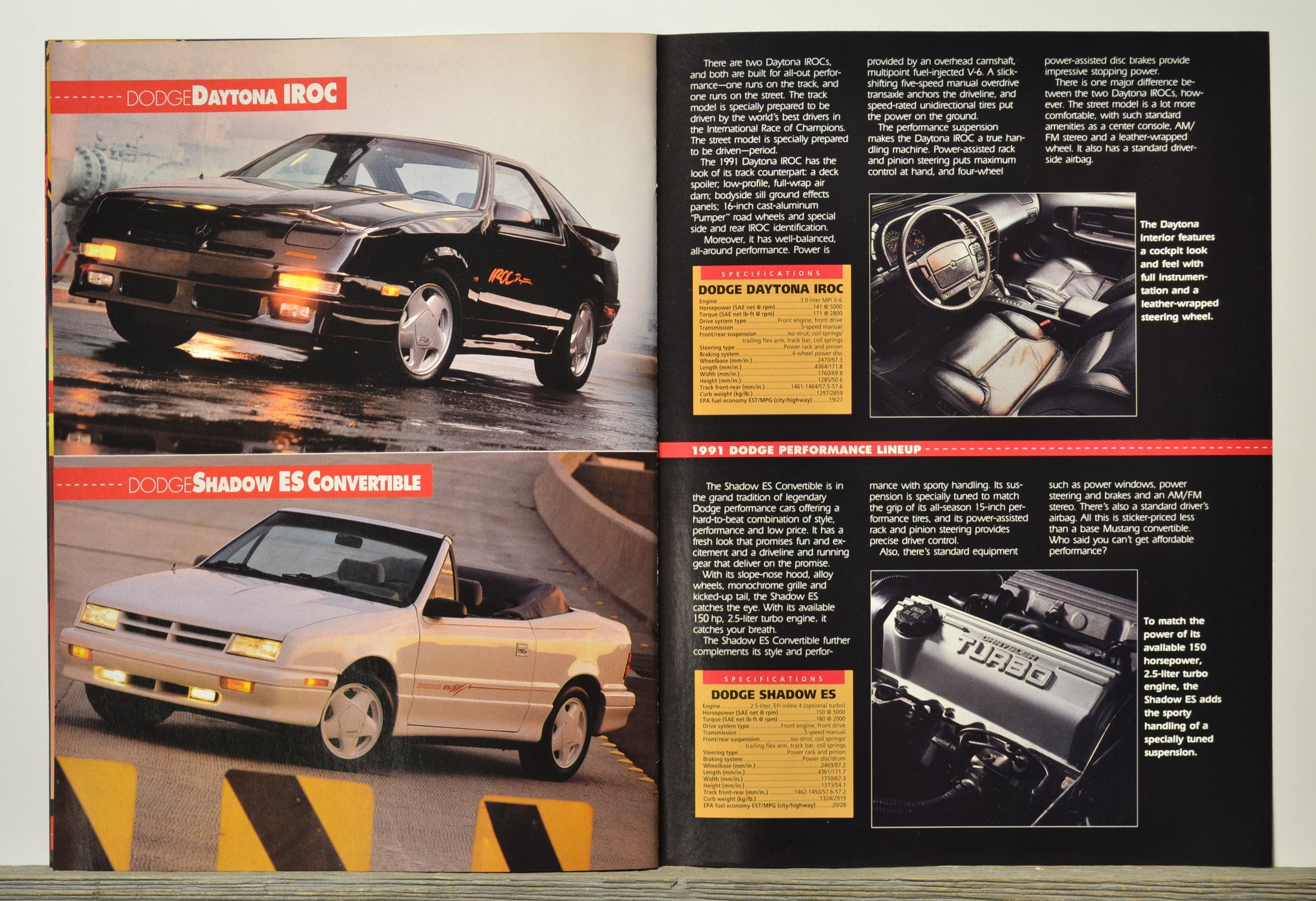 Brochure page with images of Dodge vehicles including a black Daytona IIROC and a white Shadow ES Convertible.