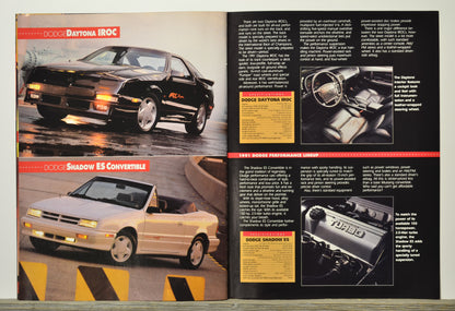 Brochure page with images of Dodge vehicles including a black Daytona IIROC and a white Shadow ES Convertible.