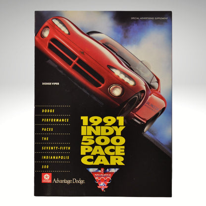Promotional brochure for the 1991 Indy 500 Pace Car featuring a red Dodge Viper.