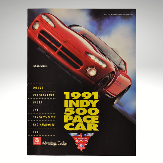 Promotional brochure for the 1991 Indy 500 Pace Car featuring a red Dodge Viper.