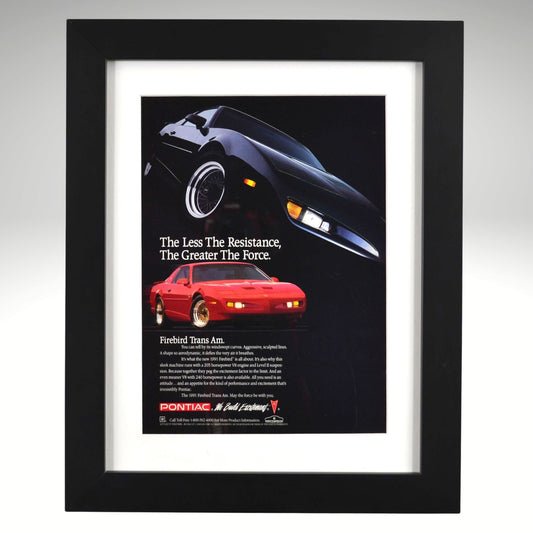 Framed advertisement for 1991 Pontiac Firebird Trans Am with black and white car illustration.