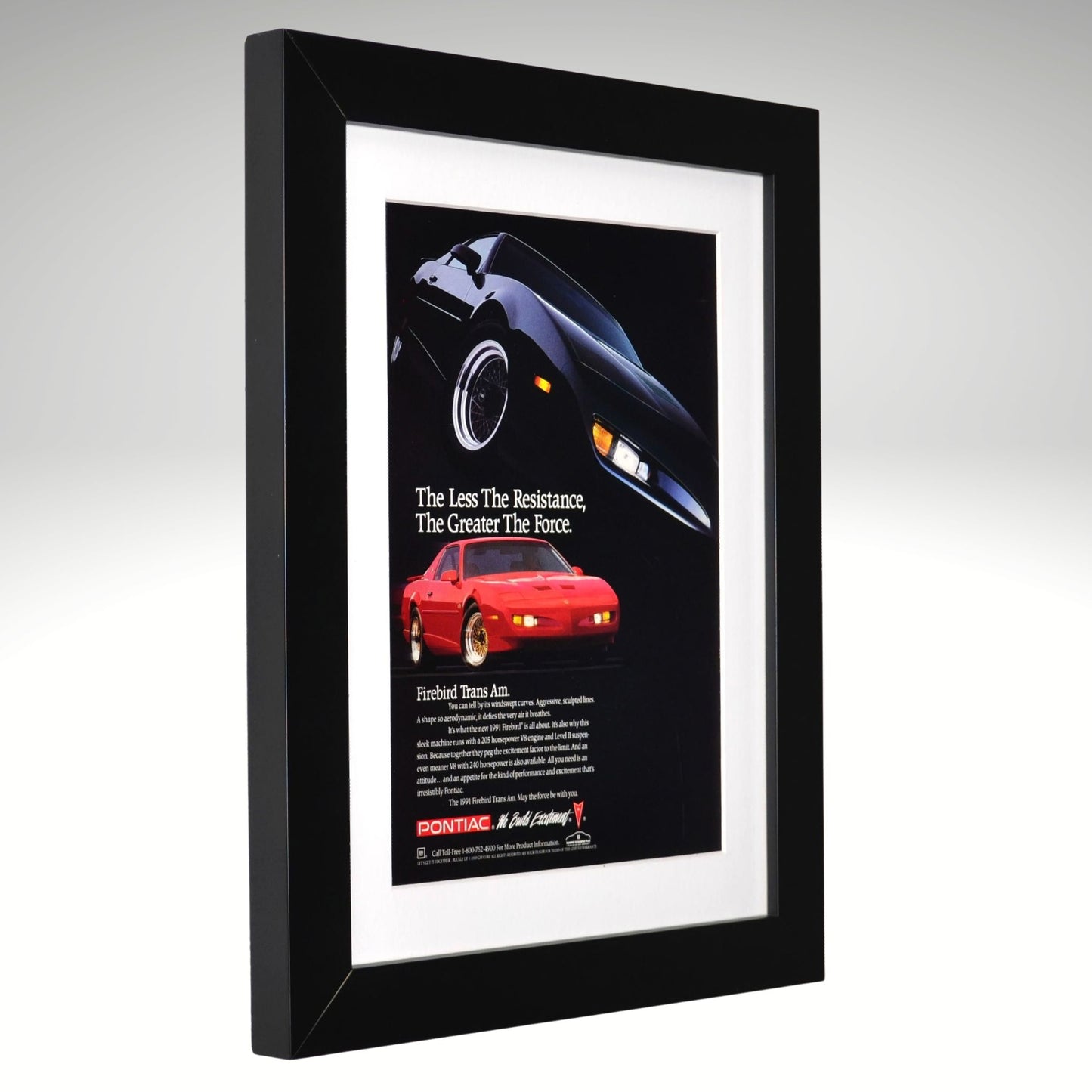 Framed advertisement for Pontiac Firebird Trans Am with black border