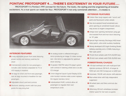 1991 Pontiac Protosport 4 concept car original dealer sales flyer GM prototype back cover