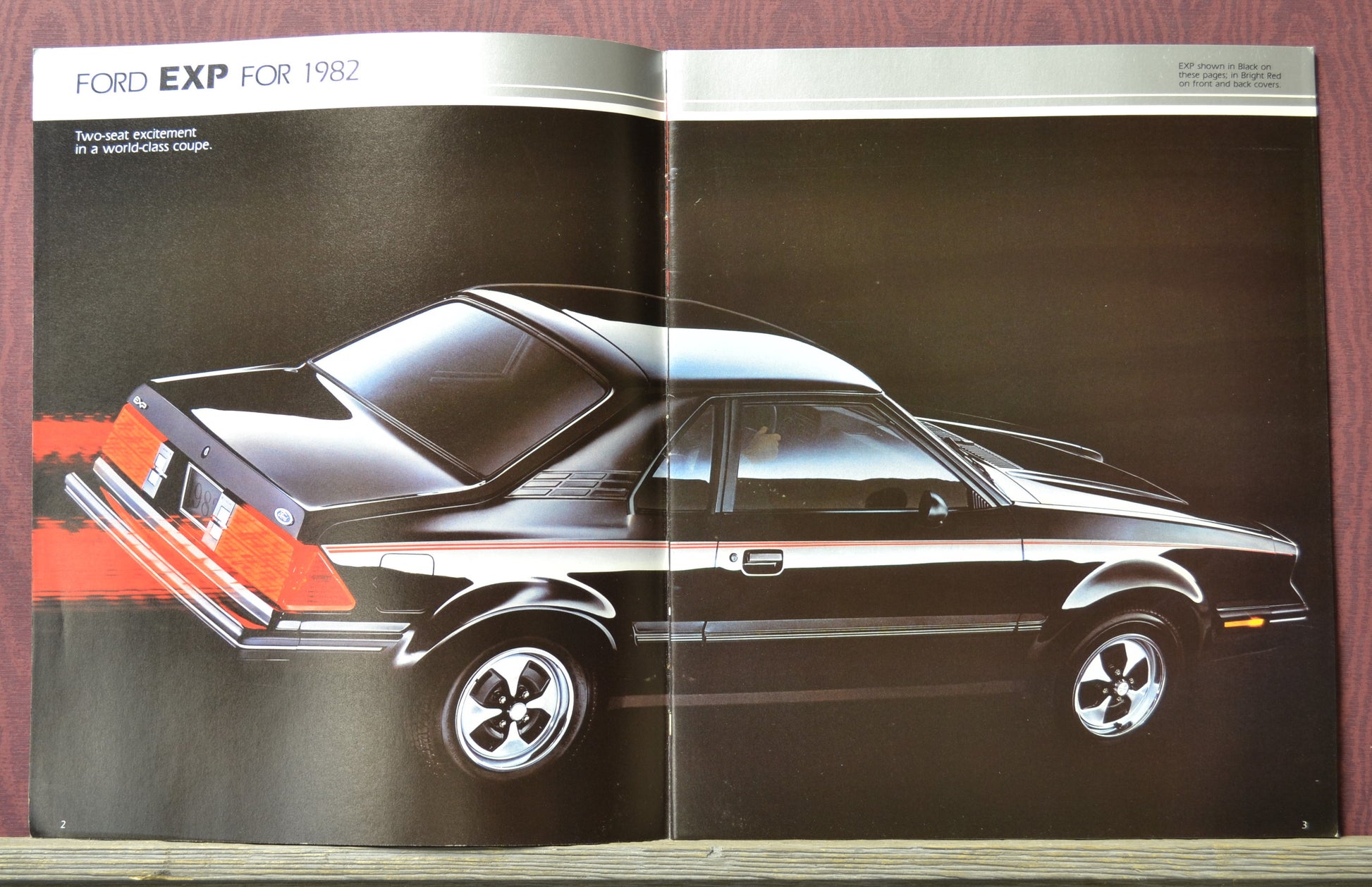 Brochure page featuring a Ford EXP car model from 1982.