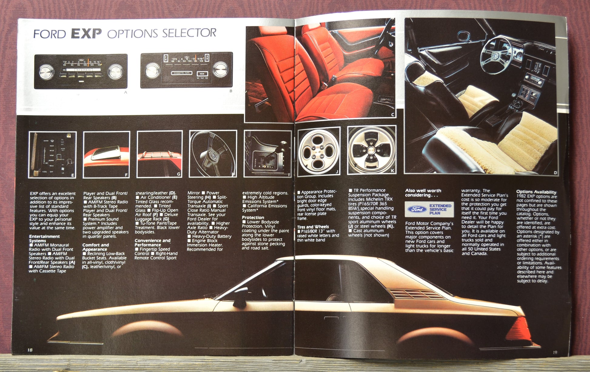 Brochure or magazine page featuring a Ford EXP vehicle with interior and option details.