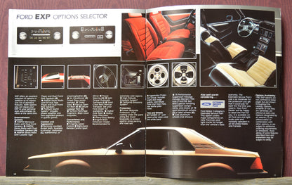 Brochure or magazine page featuring a Ford EXP vehicle with interior and option details.