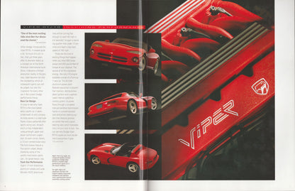 A printed magazine or brochure spread featuring a 1993 Dodge viper RT/10 with three smaller car photos on the left and a large close-up of the car body on the right. The right side shows the word 'VIPER' and a logo on a red panel, with printed text columns on a white page.