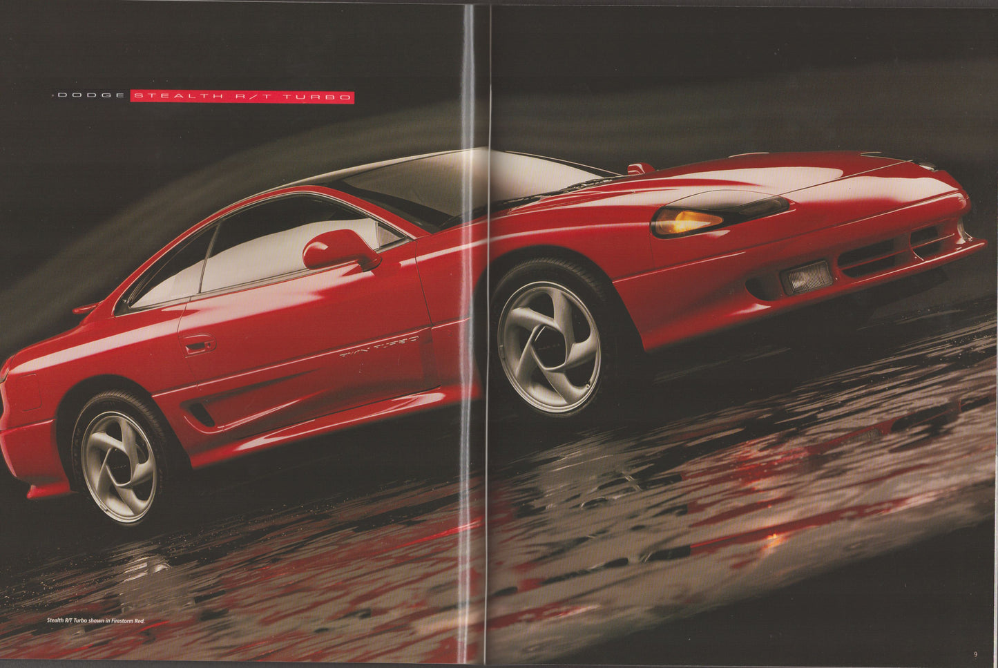 A vintage automotive magazine spread featuring a red Dodge Stealth R/T 1999 sports coupe on a wet reflective street, with 'DODGE STEALTH R/T 1999' printed at the top left.