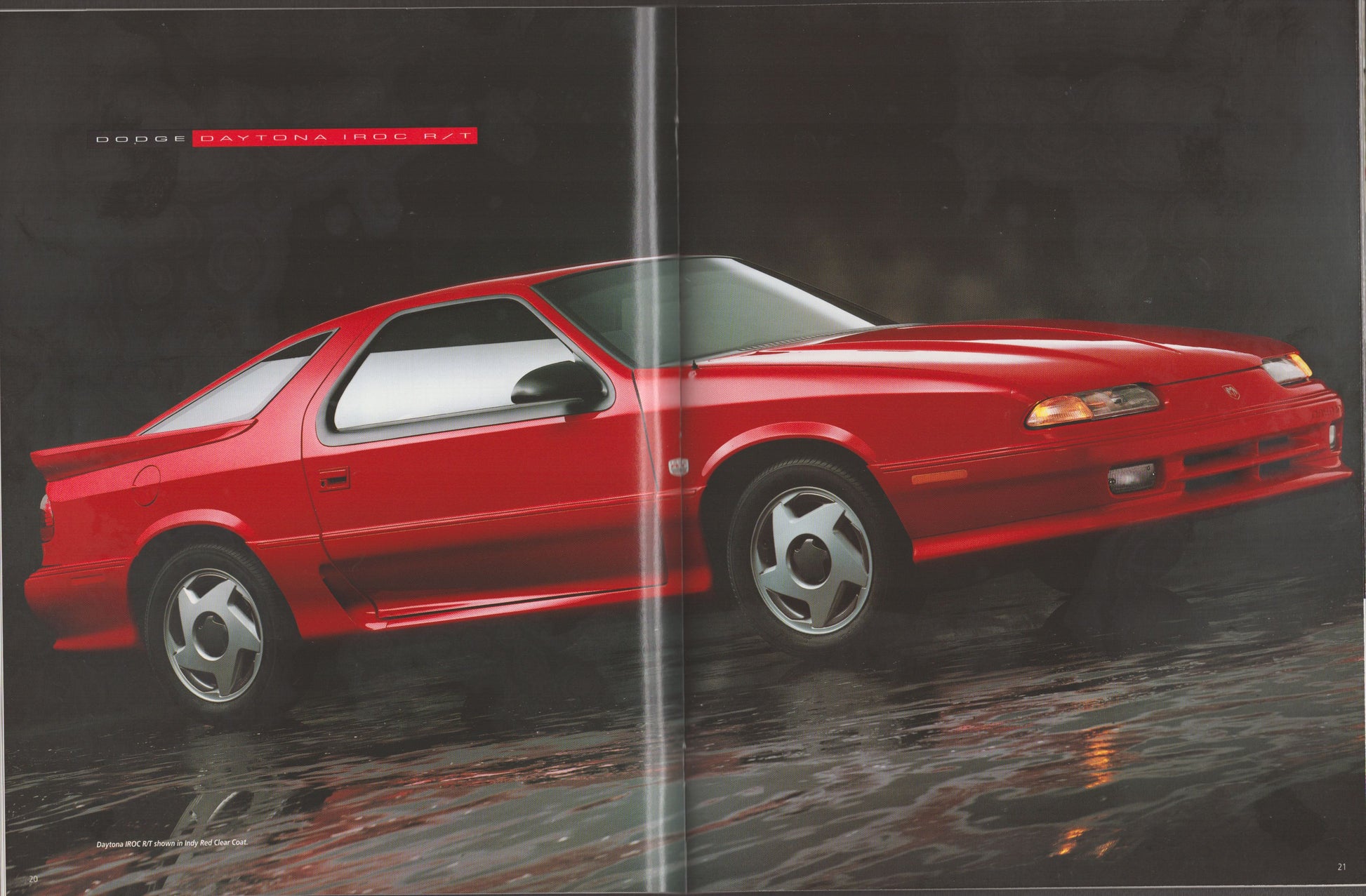 A vintage magazine-style advertisement or brochure page featuring a red Dodge Daytona R/T Coupe car on a dark reflective wet surface, with a vertical fold line down the center.