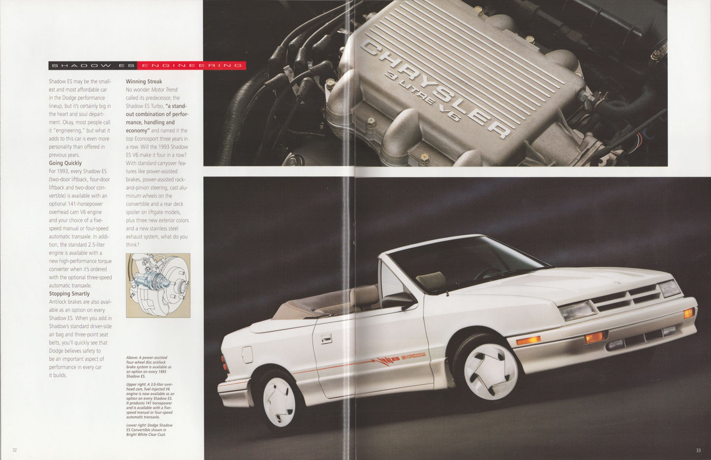 A vintage magazine or brochure page featuring a white Chrysler convertible car and a close-up of the engine, with text columns on the left and a dark studio-style background.