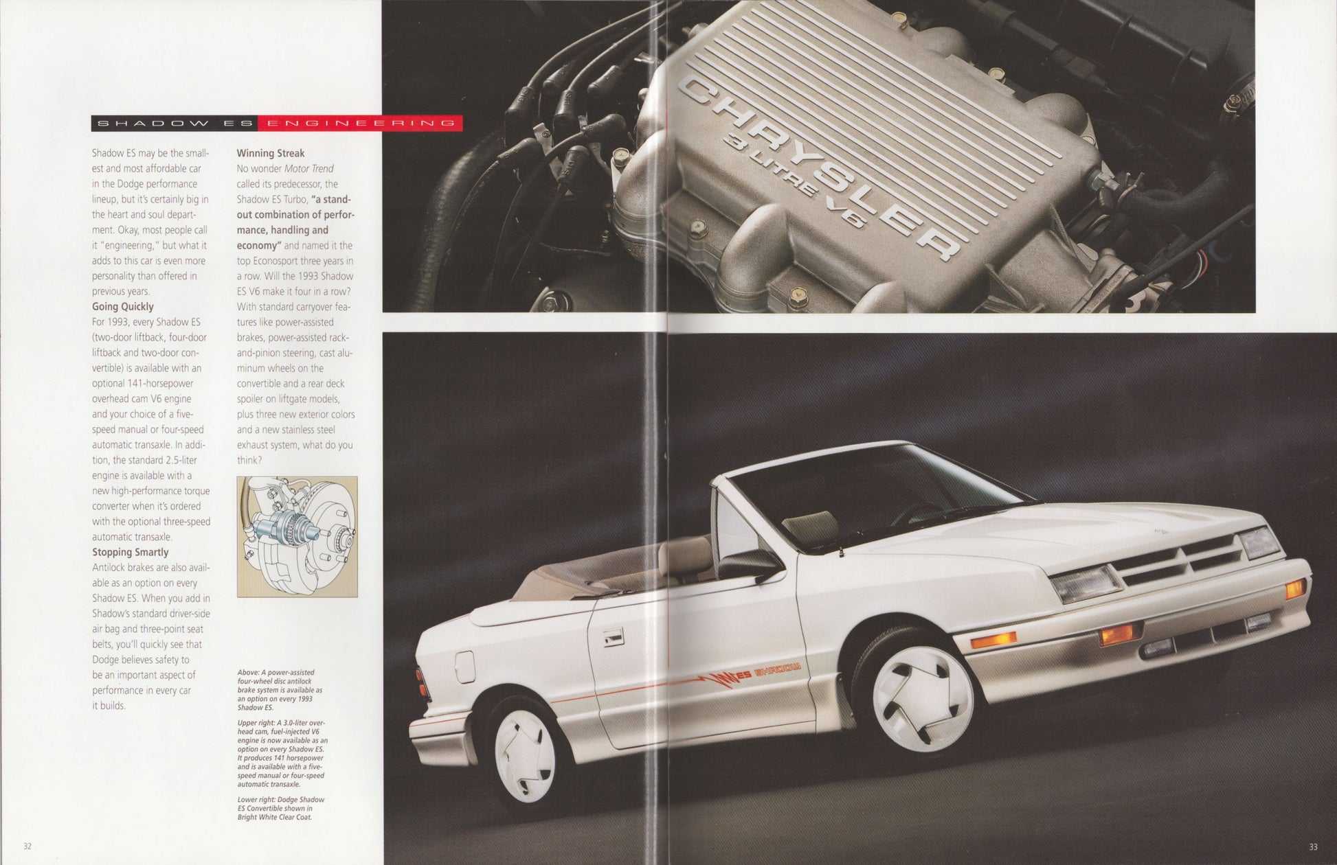 A vintage magazine or brochure page featuring a white Chrysler convertible car and a close-up of the engine, with text columns on the left and a dark studio-style background.