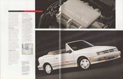 A vintage magazine or brochure page featuring a white Chrysler convertible car and a close-up of the engine, with text columns on the left and a dark studio-style background.