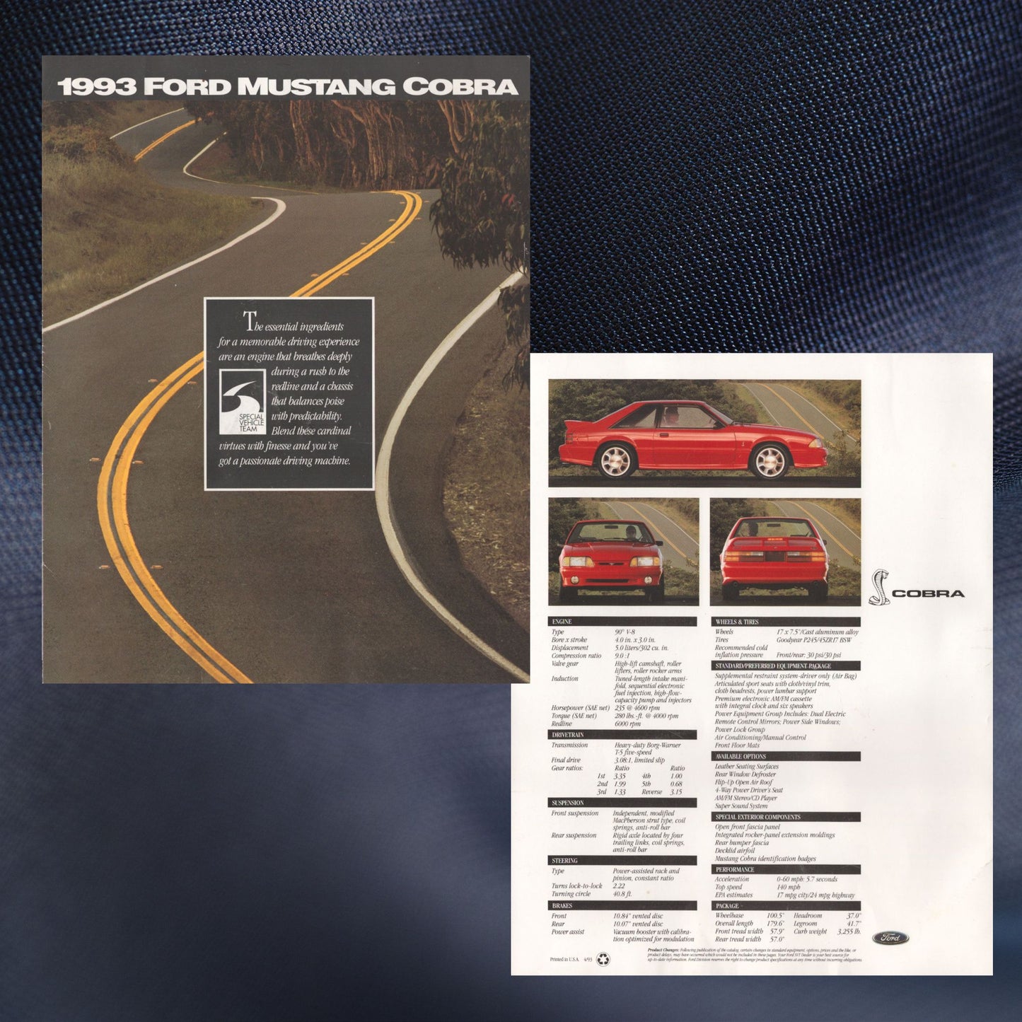 1993 Ford Mustang Cobra original dealer sales brochure cover featuring the SVT Cobra coupe