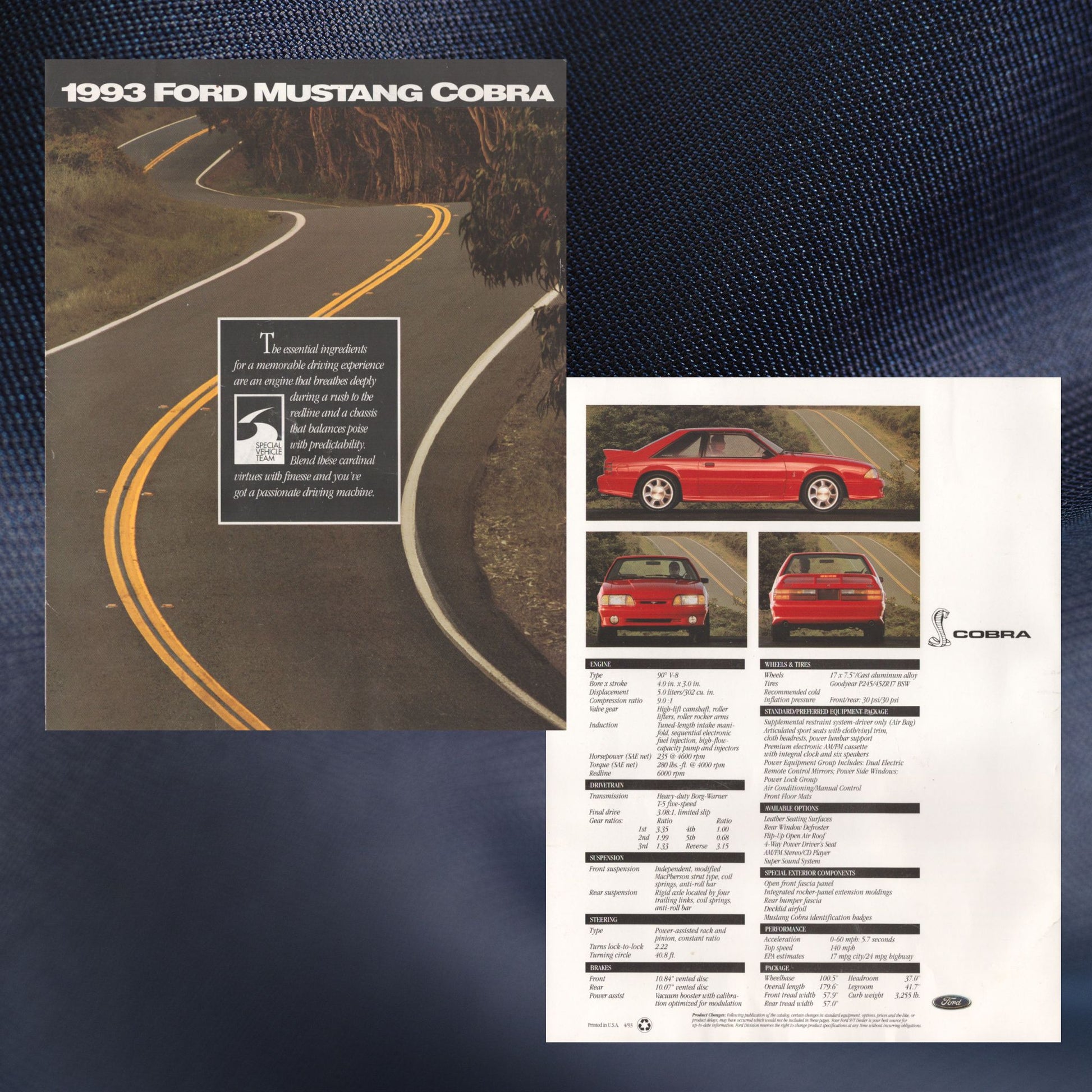 1993 Ford Mustang Cobra original dealer sales brochure cover featuring the SVT Cobra coupe