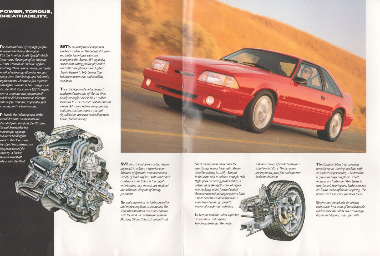 1993 Ford Mustang Cobra original dealer sales brochure cover featuring the SVT Cobra coupe inner pages