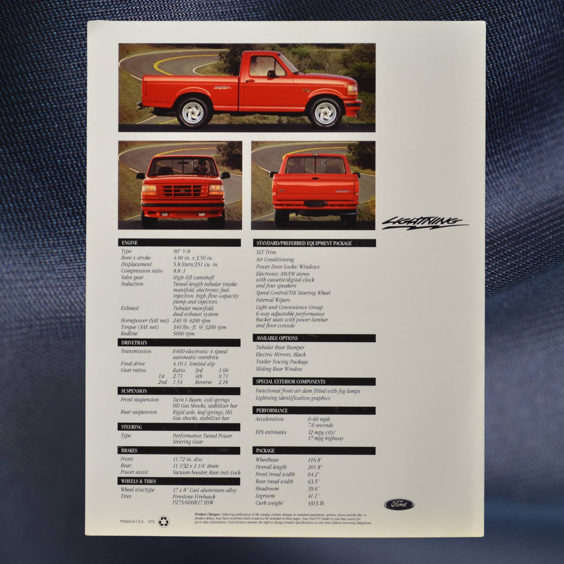 Back page of the 1993 Ford F-150 Lightning sales literature - Ford trucks and specs