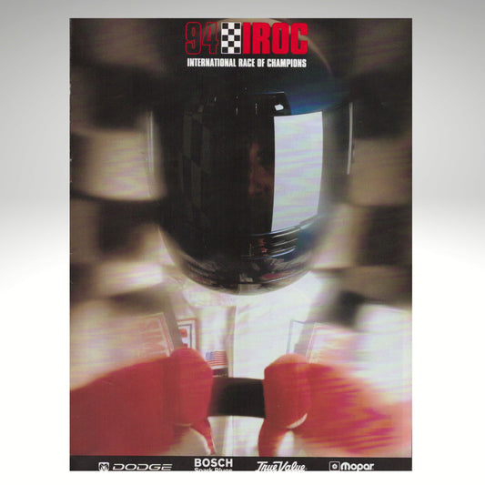 1994 Poster of a race car driver wearing a helmet with 'IROC' branding, featuring various sponsor logos.