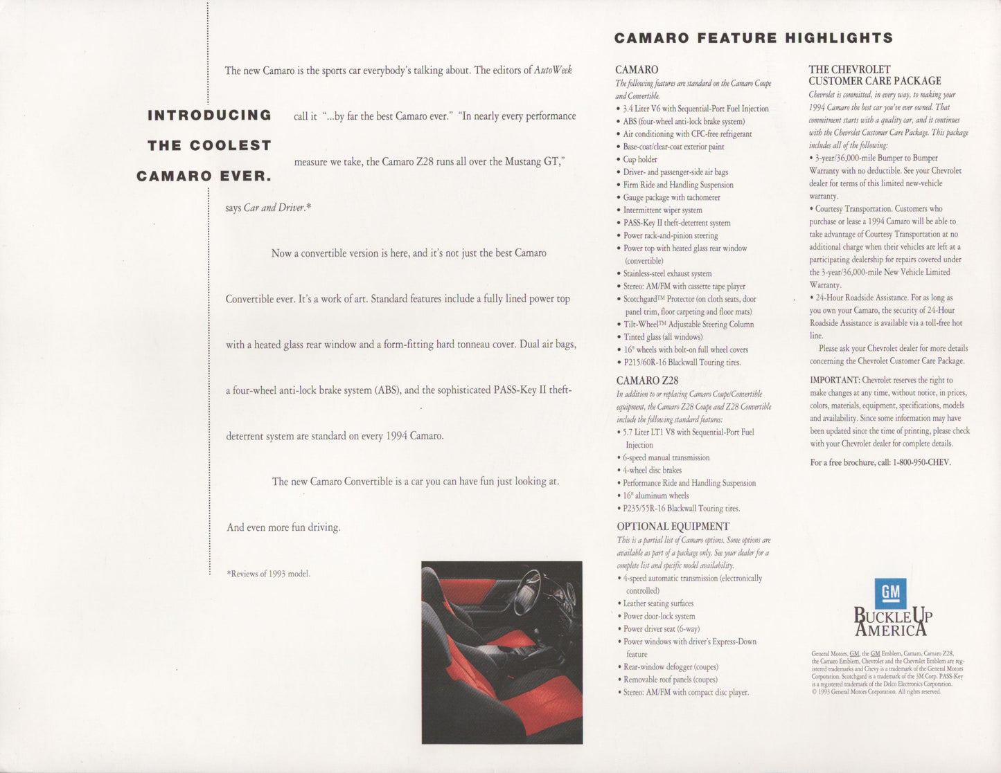 1994 Chevrolet Camaro Convertible original dealer sales flyer with red convertible cover and factory specifications
