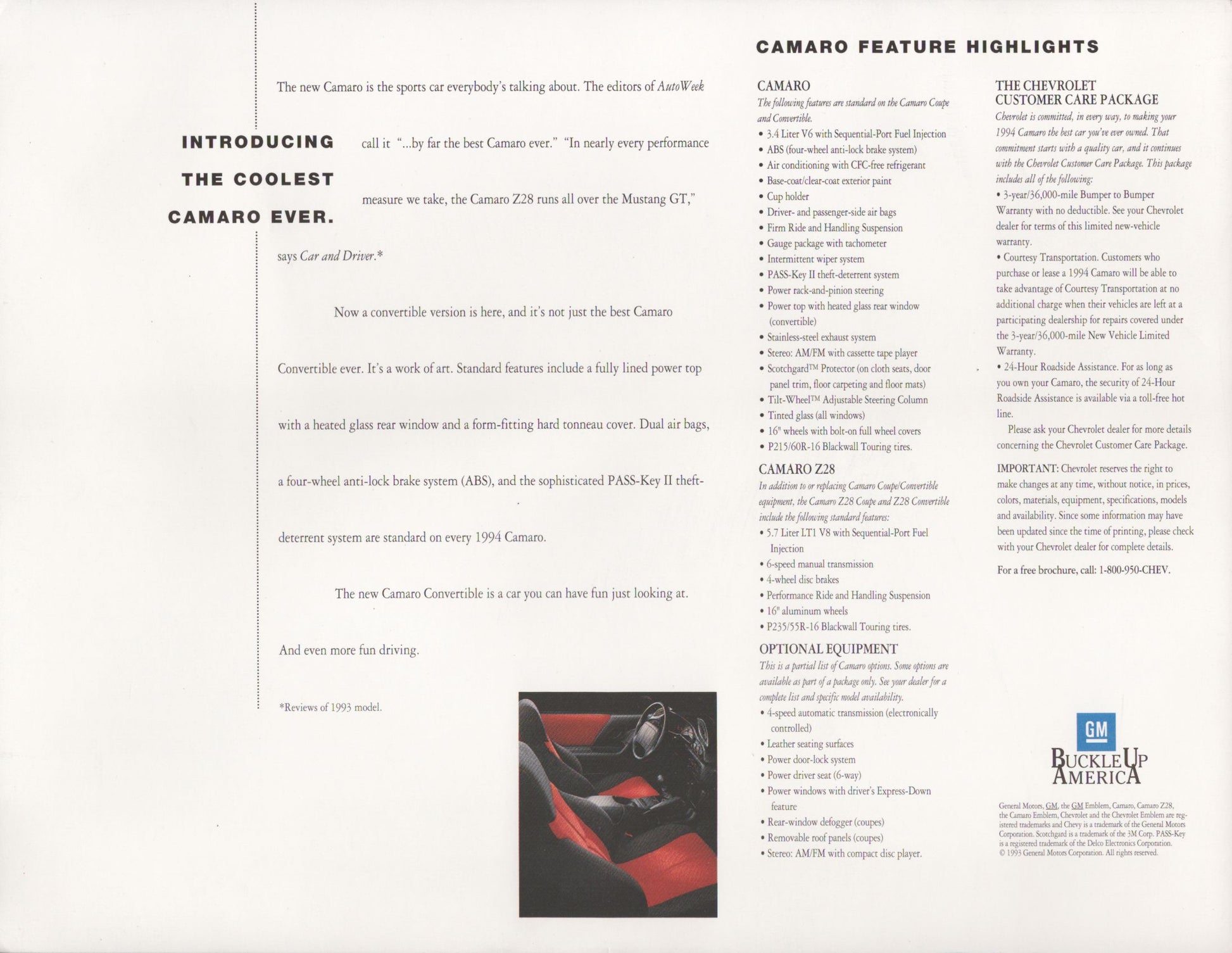 1994 Chevrolet Camaro Convertible original dealer sales flyer with red convertible cover and factory specifications