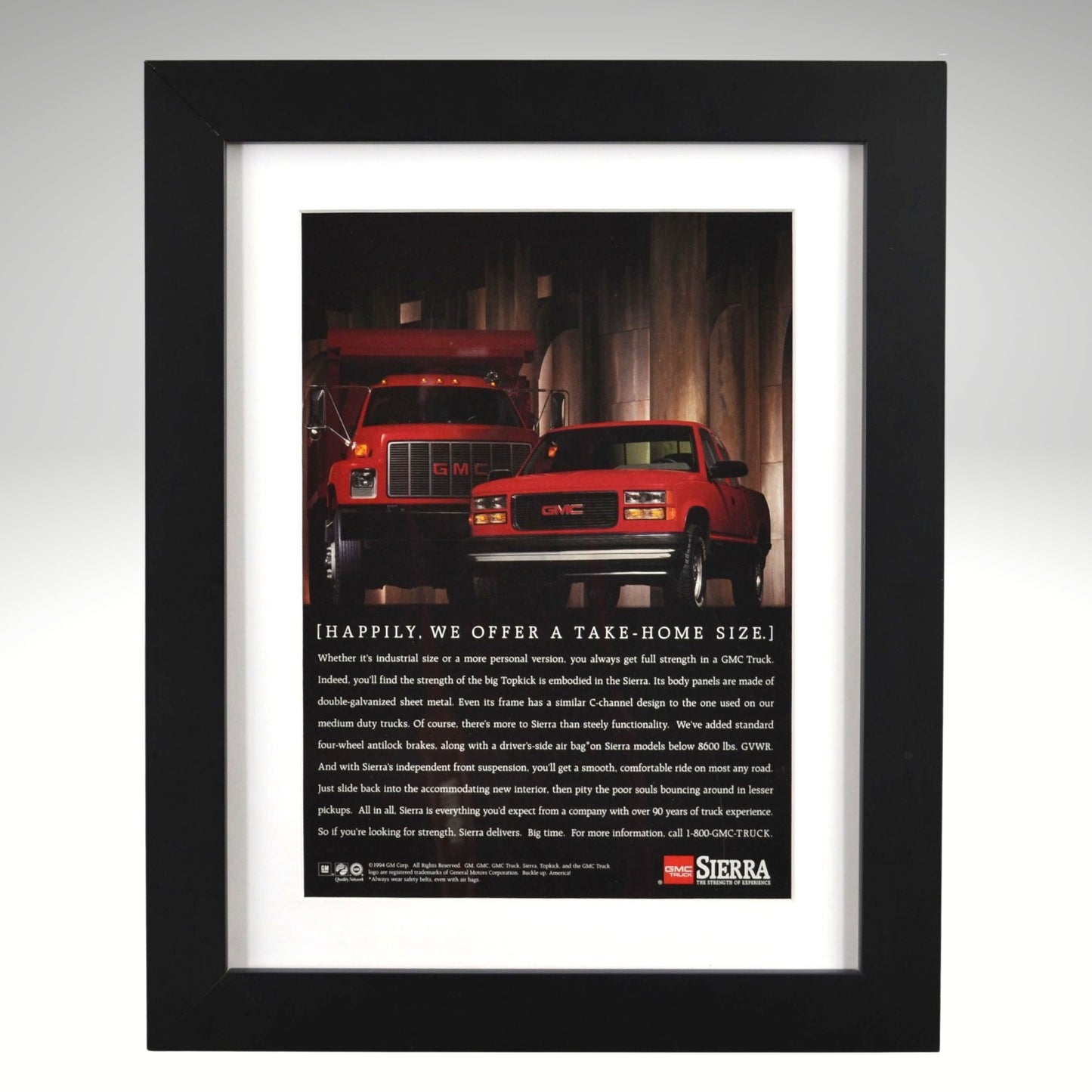 Framed 1994 GMC Sierra Truck Ad 12x15 Vintage GMC Print