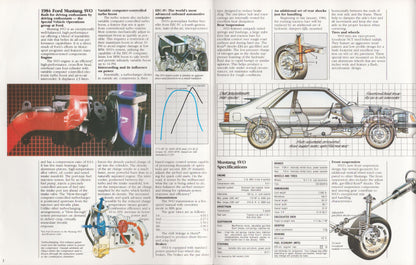 A vintage magazine or brochure spread page featuring technical specifications, diagrams, and photos of a 1984 Ford Mustang SVO, including cross-sections of the car, engine components, and a front suspension system.