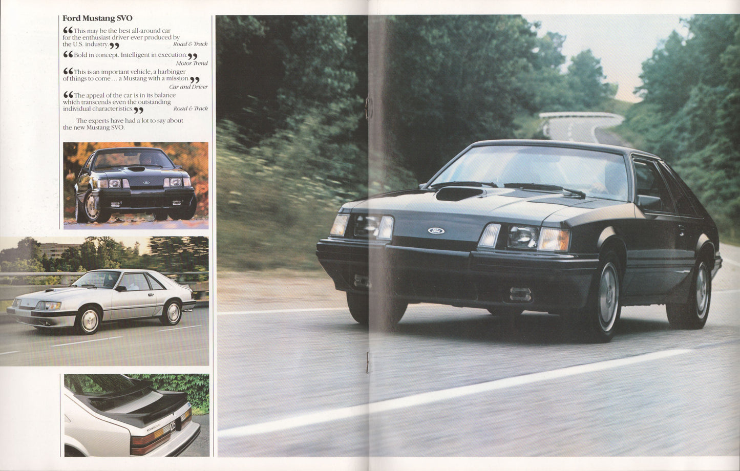 A printed magazine or brochure spread showing a black Ford Mustang  SVO sedan driving on a road, with smaller inset photos of the car and text on the left page.