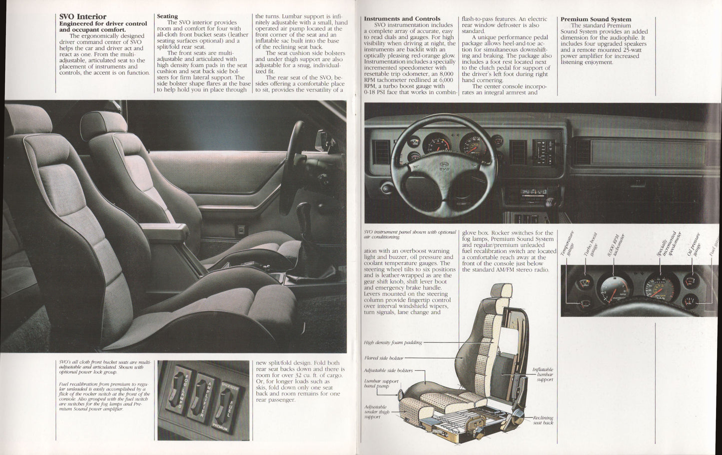 1984 Ford Mustang SVO original dealer sales brochure cover featuring the SVO interior design