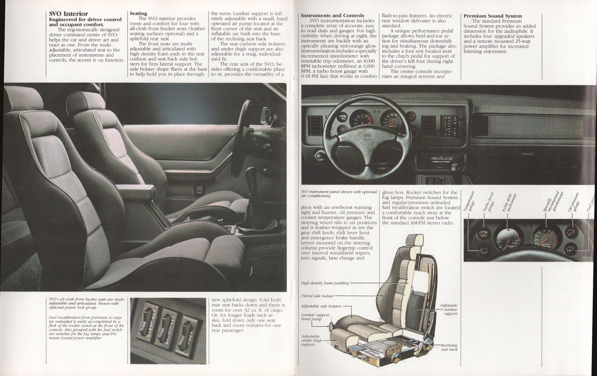 1984 Ford Mustang SVO original dealer sales brochure cover featuring the SVO interior design