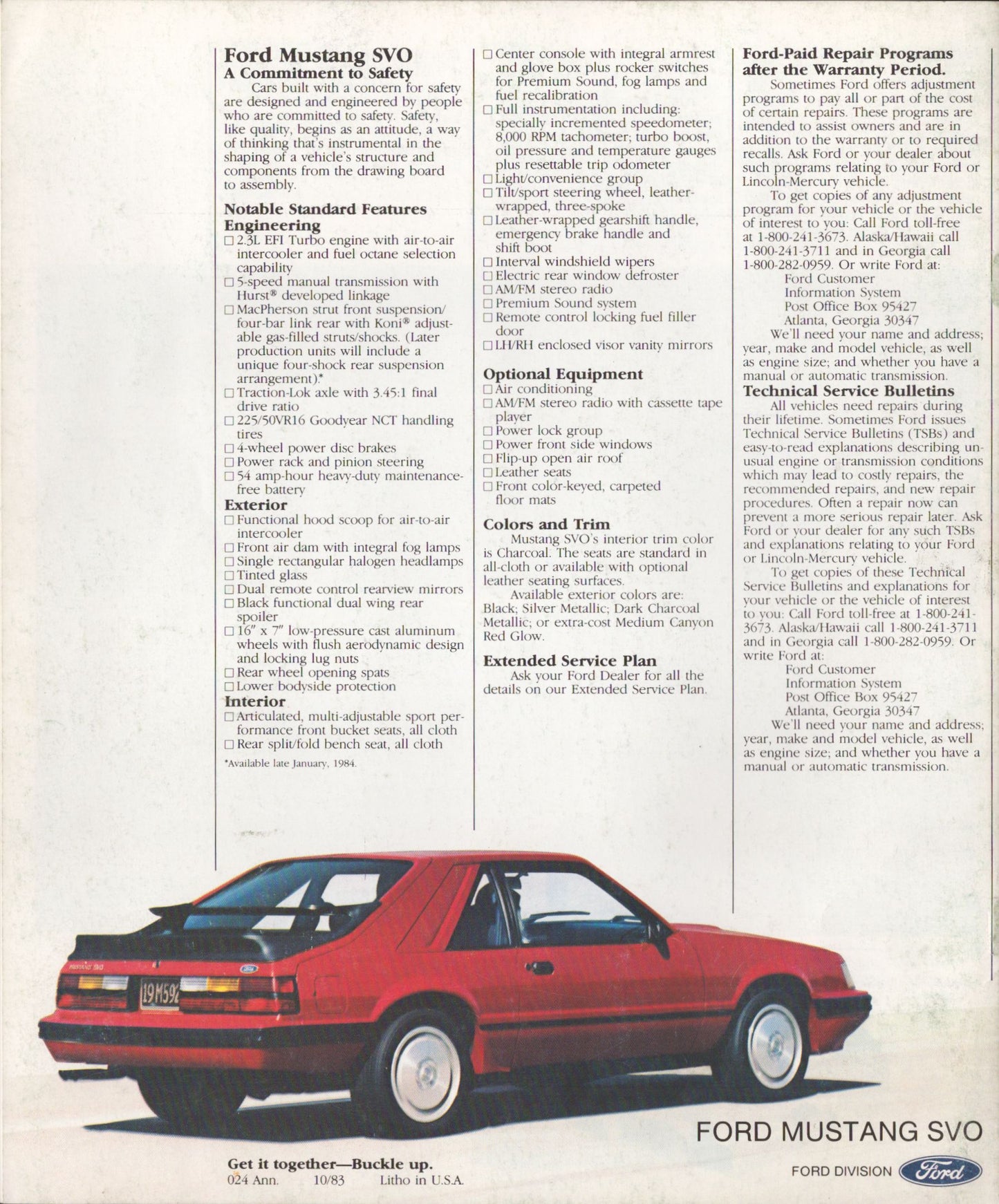 1984 Ford Mustang SVO original dealer sales brochure cover featuring the red turbocharged Fox-body Mustang back cover