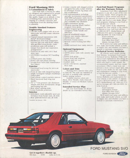 1984 Ford Mustang SVO original dealer sales brochure cover featuring the red turbocharged Fox-body Mustang back cover