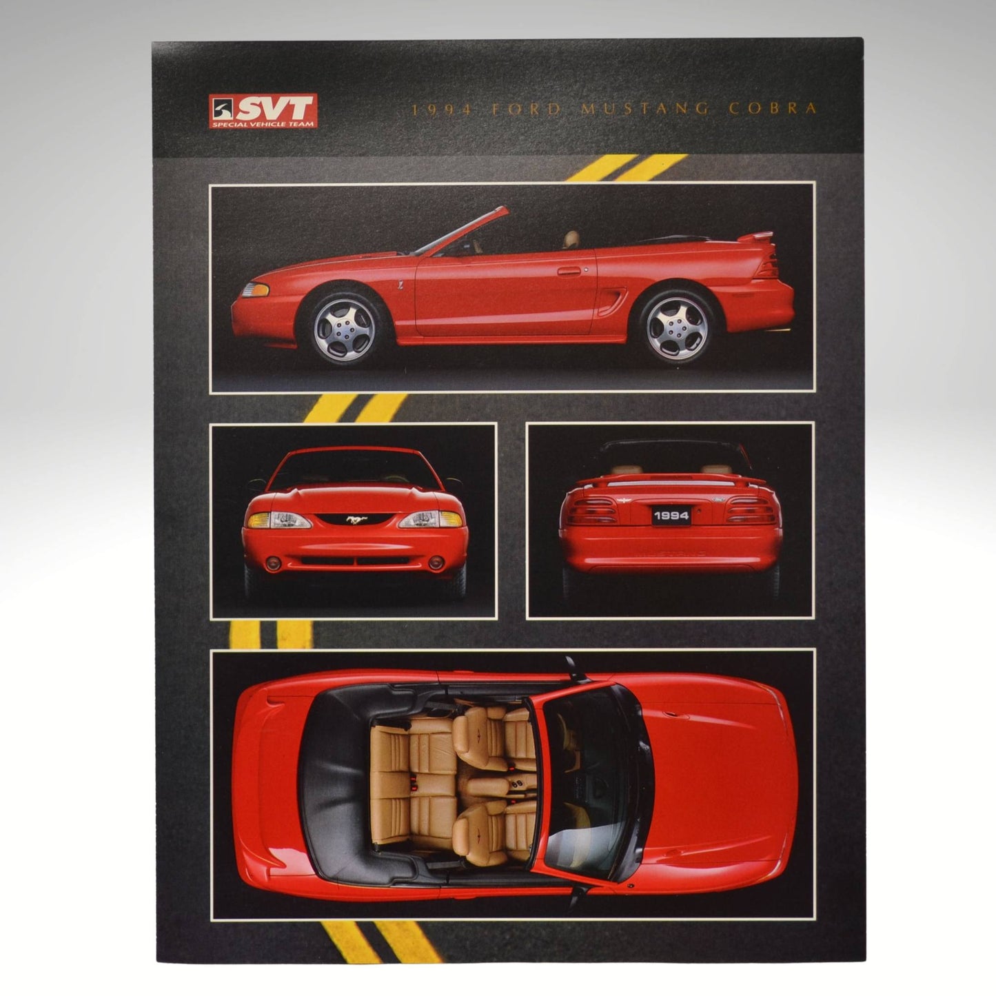 Red 1994 Ford Mustang Cobra displayed from multiple angles on a black background with SVT logo.