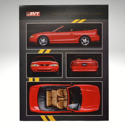 Red 1994 Ford Mustang Cobra displayed from multiple angles on a black background with SVT logo.
