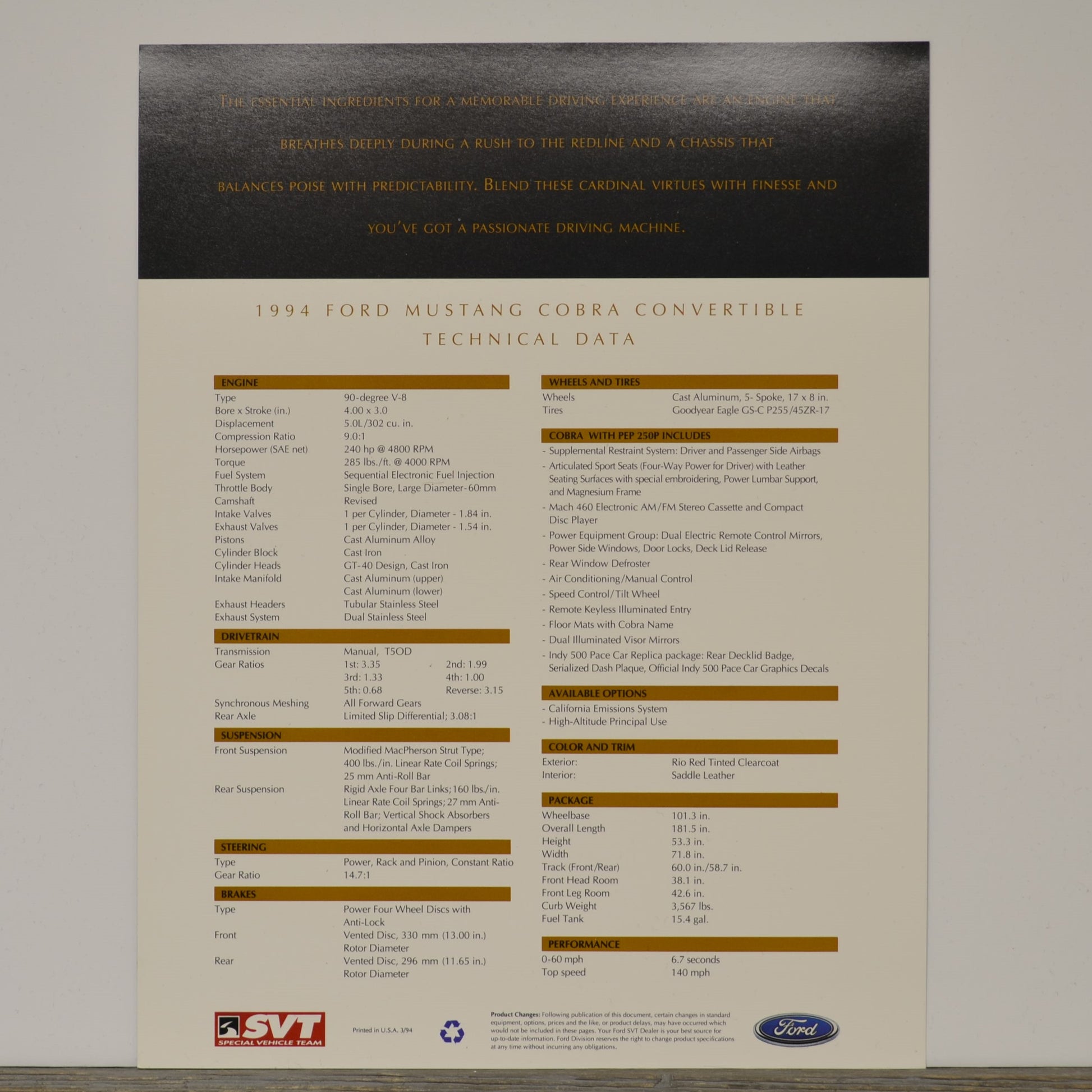 Technical data sheet for a 1994 Ford Mustang Cobra Convertible on a gray background