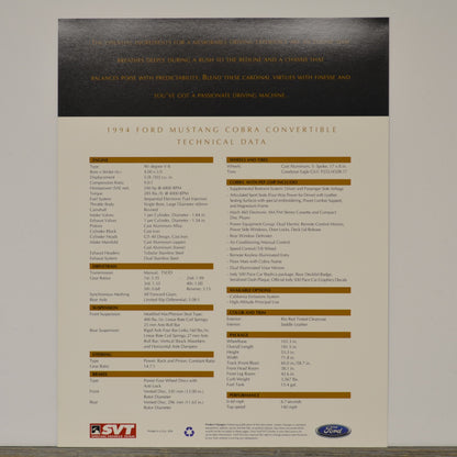 Technical data sheet for a 1994 Ford Mustang Cobra Convertible on a gray background