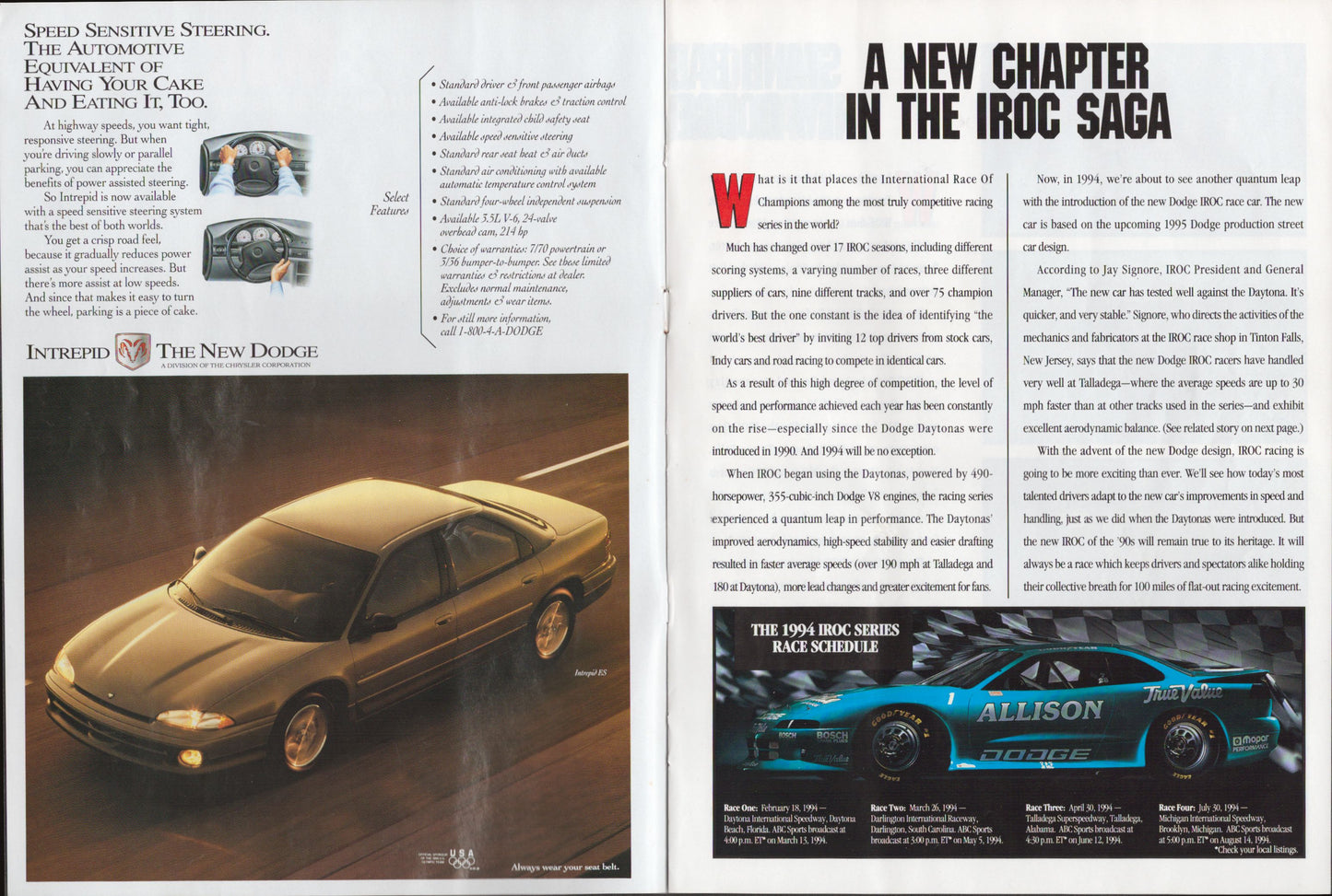 Dodge advertisement featuring a car on a road with text about the IROC saga.