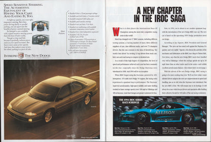 Dodge advertisement featuring a car on a road with text about the IROC saga.