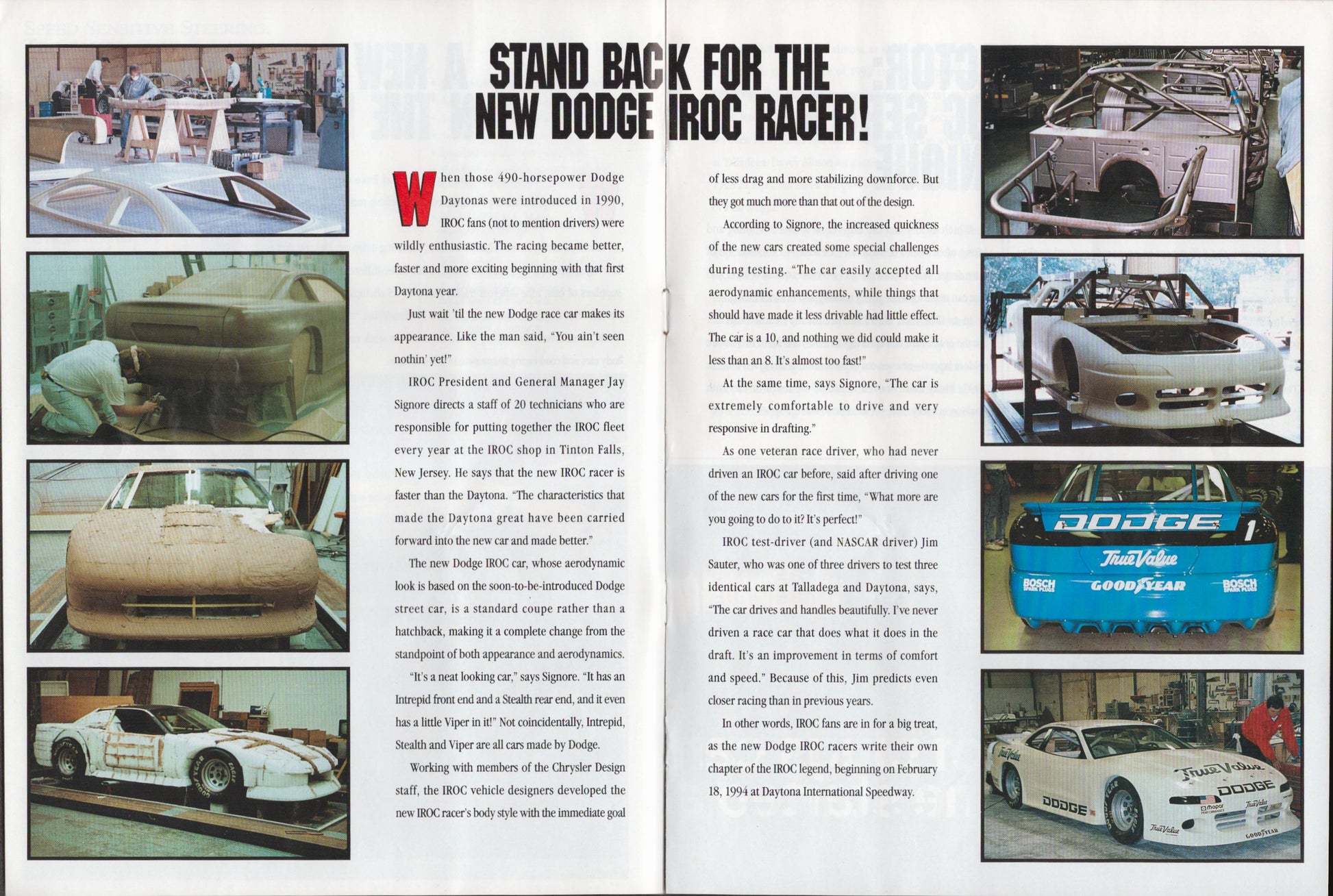 Advertisement for the new Dodge IROC Racer with images of the car and text.