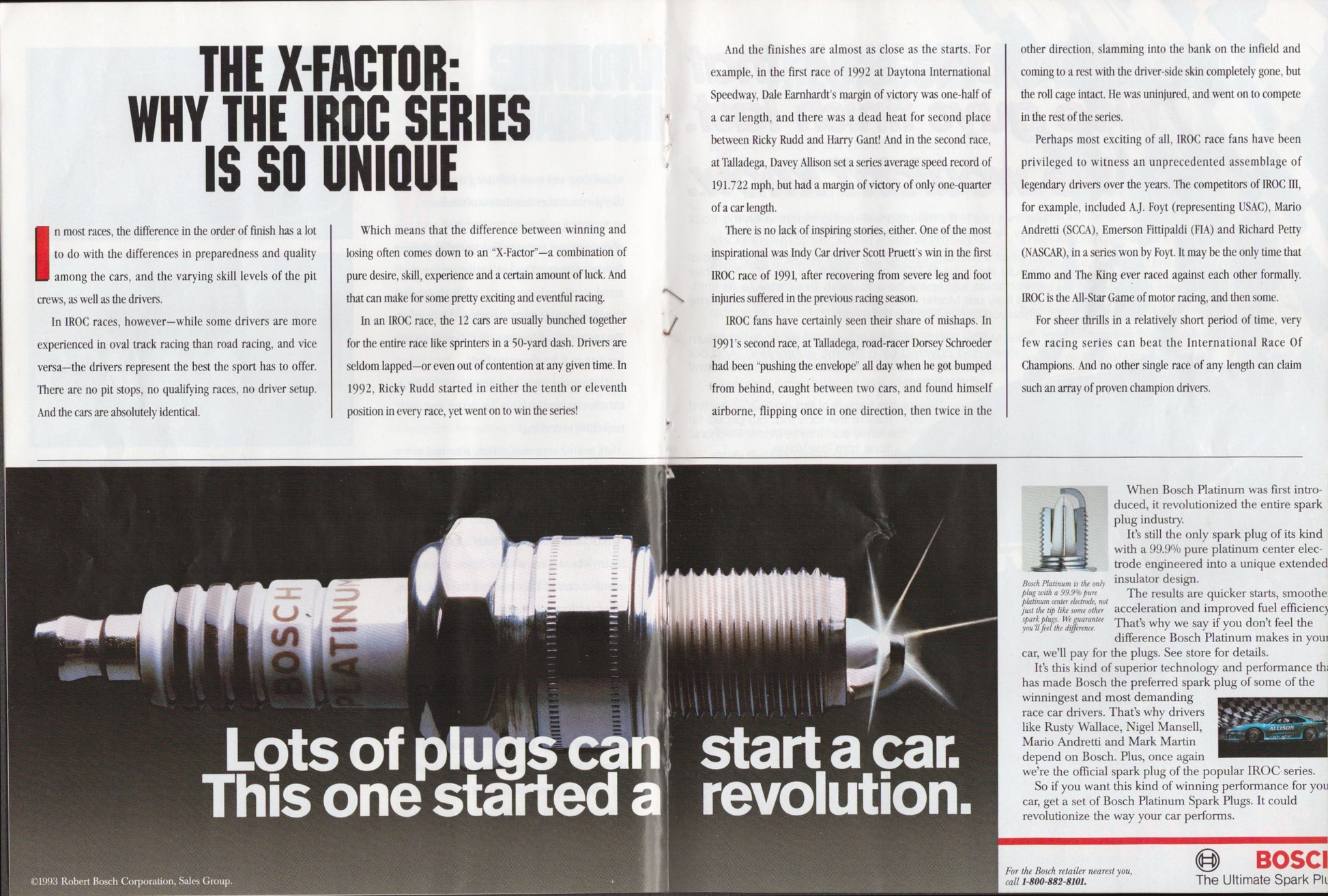 Bosch spark plug advertisement with text about IROC series and revolution.
