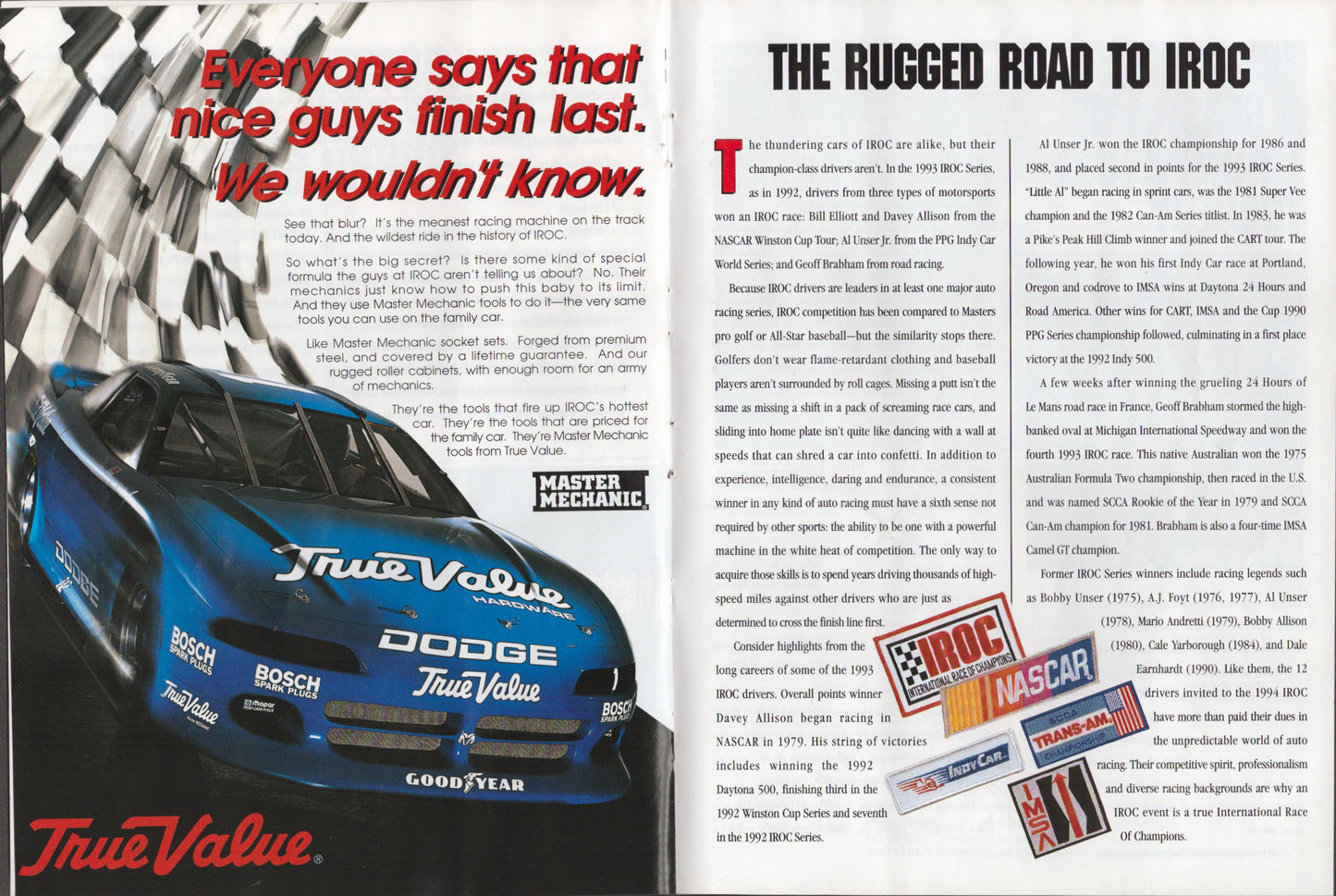 Advertisement for a blue Dodge IROC race car with text and logos on a magazine page.